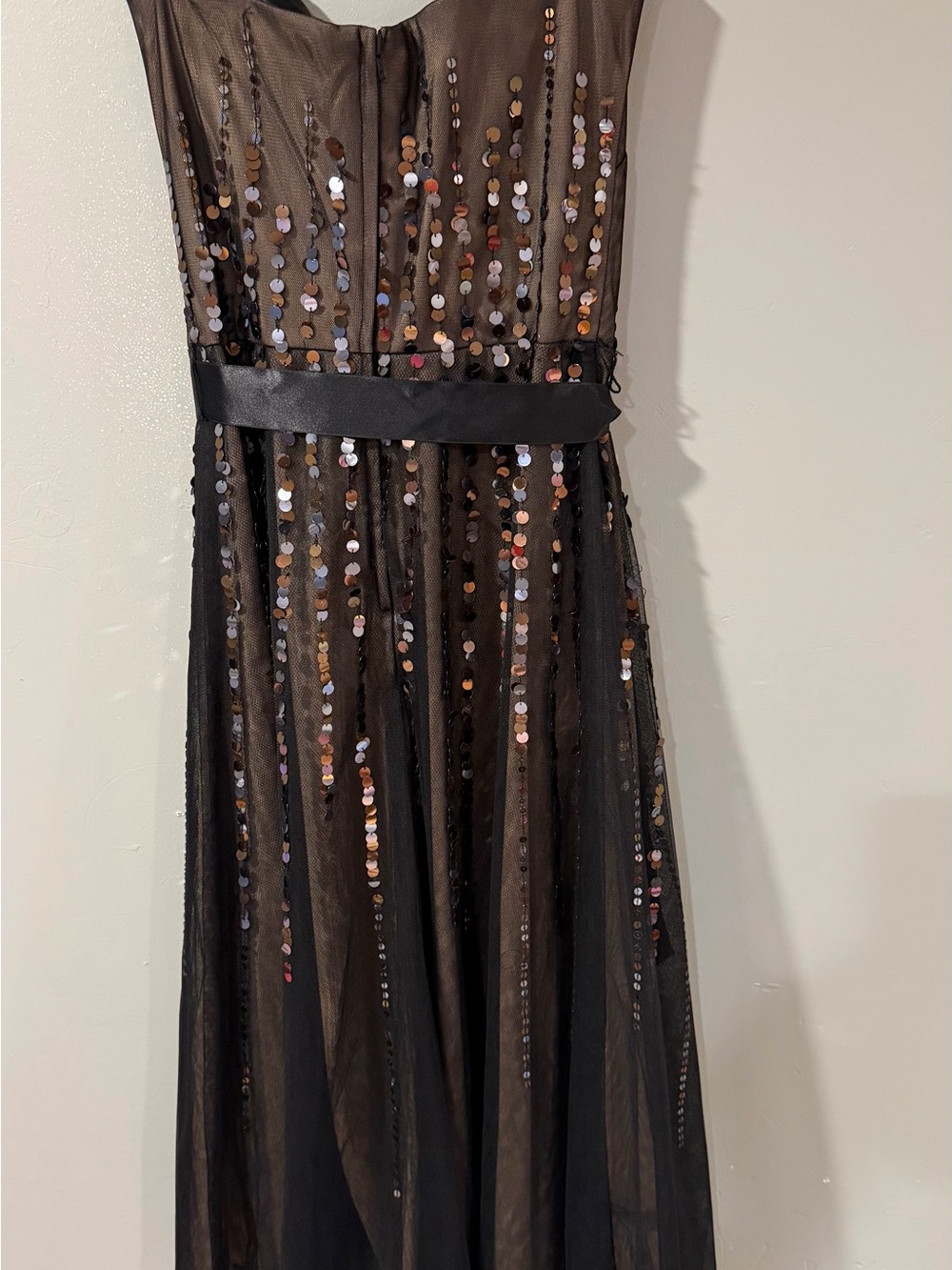 BCBGMaxAzria Black Sequin Strapless Mesh Gown
